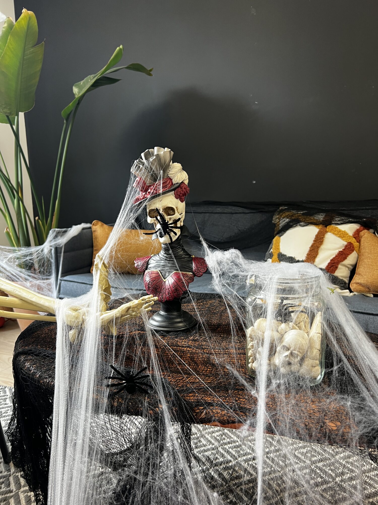 mise en ambiance, décoration Halloween, toile d'araignée, tête de mort